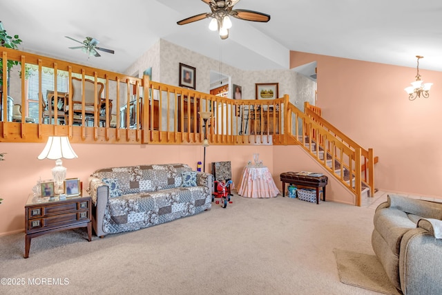 13 Heritage Dr, Howell, NJ 07731 - living area featuring ceiling fan, carpet floors, lofted ceiling, and stairs