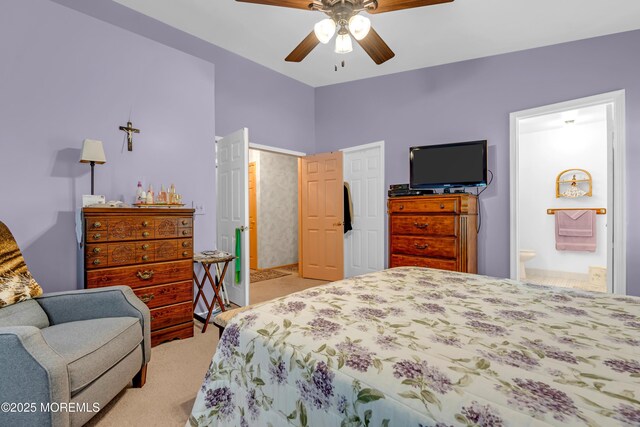 13 Heritage Dr, Howell, NJ 07731 - bedroom with light carpet, connected bathroom, and ceiling fan