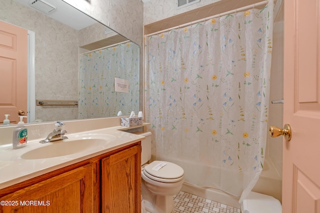 13 Heritage Dr, Howell, NJ 07731 - full bathroom featuring vanity, shower / bathtub combination with curtain, tile patterned floors, and wallpapered walls