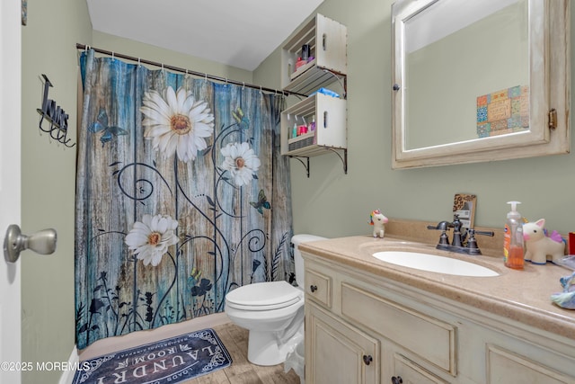 1506 Beverly Rd, Forked River, NJ 08731 - bathroom with vanity, wood finished floors, and curtained shower