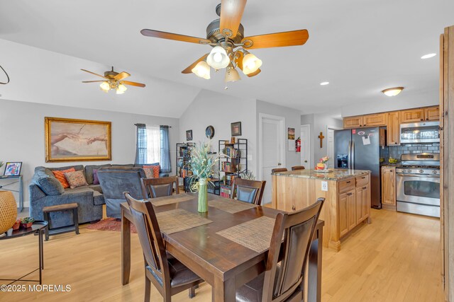 1506 Beverly Rd, Forked River, NJ 08731 - dining room featuring a ceiling fan, light wood-style floors, lofted ceiling, and recessed lighting