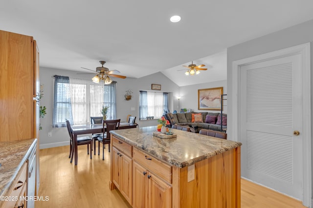 1506 Beverly Rd, Forked River, NJ 08731 - kitchen featuring a ceiling fan, light wood finished floors, lofted ceiling, a kitchen island, and recessed lighting