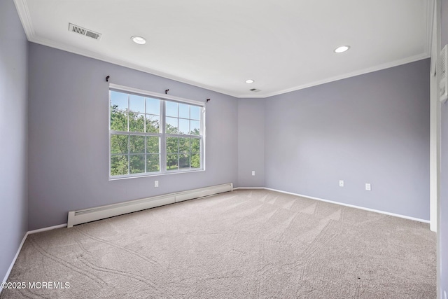 96 Kentucky Way, Freehold, NJ 07728 - carpeted empty room with baseboard heating, ornamental molding, and recessed lighting