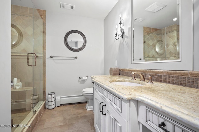 96 Kentucky Way, Freehold, NJ 07728 - bathroom featuring a baseboard heating unit, vanity, a stall shower, and tasteful backsplash
