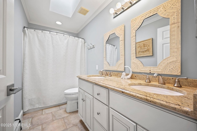 96 Kentucky Way, Freehold, NJ 07728 - full bath with crown molding, double vanity, stone tile flooring, a skylight, and a shower with curtain