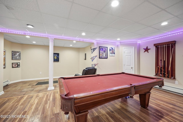 96 Kentucky Way, Freehold, NJ 07728 - game room featuring baseboard heating, wood finished floors, billiards table, recessed lighting, and a drop ceiling