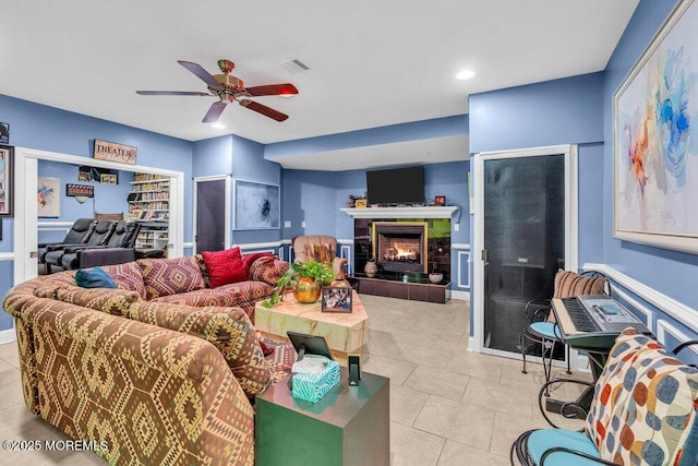 312 Clearstream Rd, Jackson, NJ 08527 - living area with a ceiling fan, a fireplace, light tile patterned floors, and recessed lighting