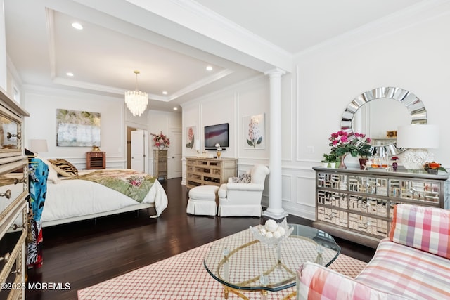 23 Interlachen Ct, Monroe, NJ 08831 - bedroom featuring decorative columns, wood finished floors, a decorative wall, crown molding, and a chandelier