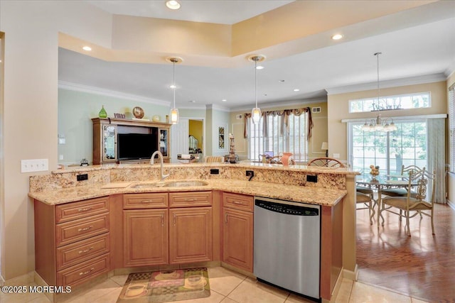 86 Wild Dunes Way, Jackson, NJ 08527 - kitchen featuring dishwasher, a chandelier, light stone counters, crown molding, and decorative light fixtures