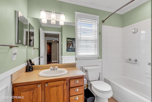 61 Mansfield Ave, Manchester, NJ 08759 - bathroom featuring shower / washtub combination, vanity, crown molding, wainscoting, and a decorative wall