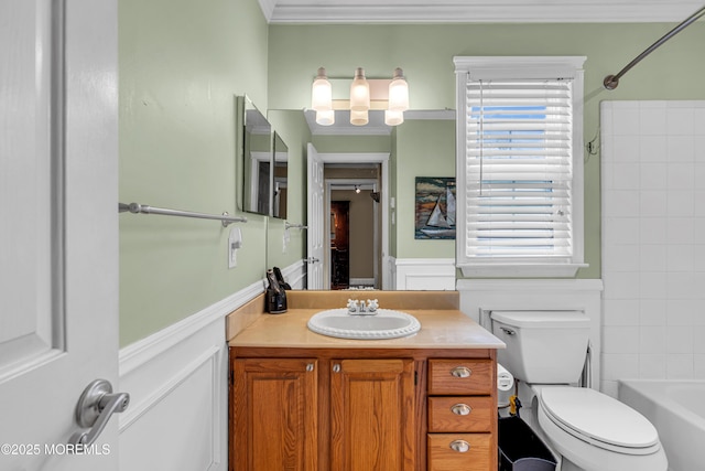 61 Mansfield Ave, Manchester, NJ 08759 - bathroom with a wainscoted wall, vanity, a decorative wall, crown molding, and washtub / shower combination