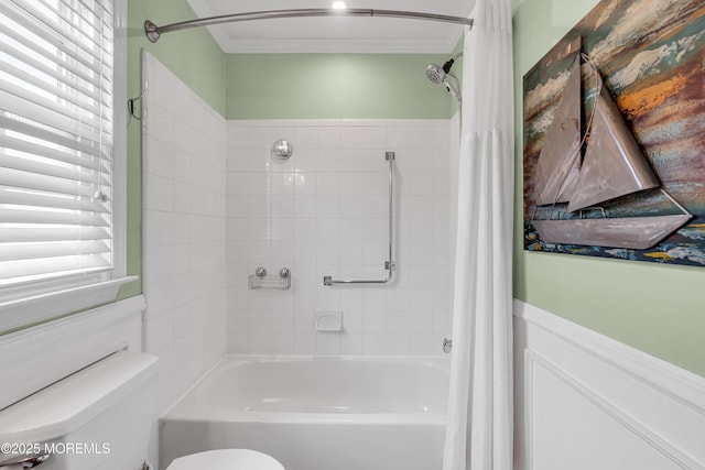 61 Mansfield Ave, Manchester, NJ 08759 - bathroom with shower / bath combo with shower curtain, plenty of natural light, crown molding, and a wainscoted wall