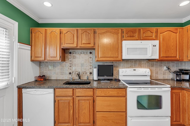 61 Mansfield Ave, Manchester, NJ 08759 - kitchen with white appliances, ornamental molding, decorative backsplash, and dark stone countertops