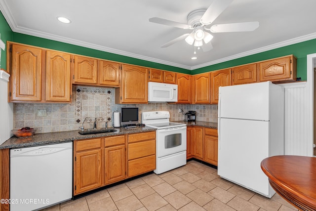 61 Mansfield Ave, Manchester, NJ 08759 - kitchen featuring white appliances, a ceiling fan, tasteful backsplash, ornamental molding, and light tile patterned floors
