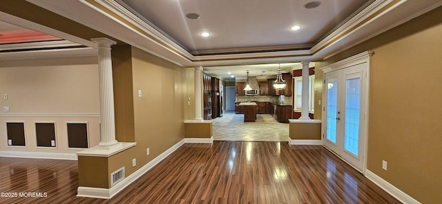 7 Quaker Hill Rd, Jackson, NJ 08527 - hall with ornate columns, wood finished floors, crown molding, recessed lighting, and a raised ceiling