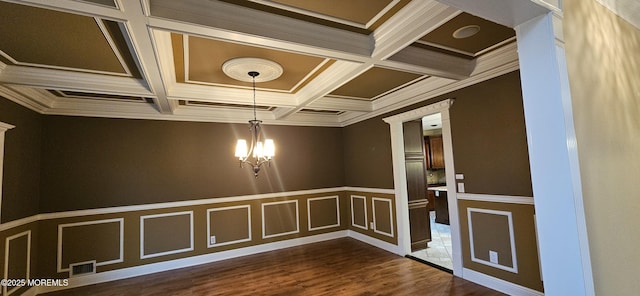 7 Quaker Hill Rd, Jackson, NJ 08527 - empty room featuring coffered ceiling, crown molding, a chandelier, beam ceiling, and dark wood-style flooring