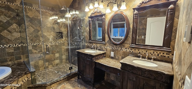 7 Quaker Hill Rd, Jackson, NJ 08527 - full bath featuring two vanities, a shower stall, a garden tub, tile walls, and decorative backsplash