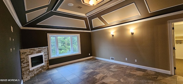 7 Quaker Hill Rd, Jackson, NJ 08527 - unfurnished living room featuring crown molding and a stone fireplace