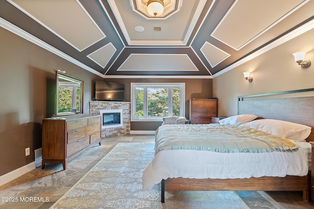 7 Quaker Hill Rd, Jackson, NJ 08527 - bedroom featuring ornamental molding, stone tile flooring, a fireplace, and vaulted ceiling