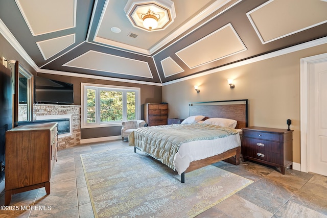 7 Quaker Hill Rd, Jackson, NJ 08527 - bedroom with crown molding, a fireplace, and stone finish flooring