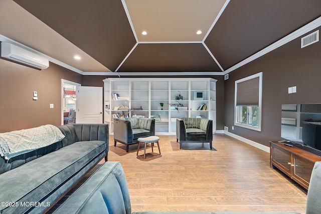 7 Quaker Hill Rd, Jackson, NJ 08527 - living room featuring a wall mounted air conditioner, lofted ceiling, ornamental molding, light wood finished floors, and recessed lighting
