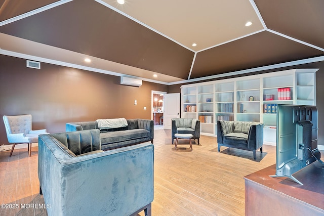 7 Quaker Hill Rd, Jackson, NJ 08527 - living room with a wall mounted air conditioner, lofted ceiling, recessed lighting, wood finished floors, and crown molding