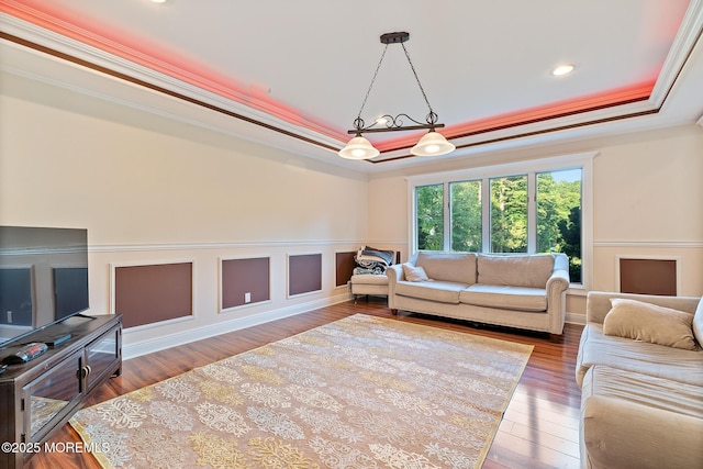 7 Quaker Hill Rd, Jackson, NJ 08527 - living room with a tray ceiling, ornamental molding, wood finished floors, recessed lighting, and wainscoting