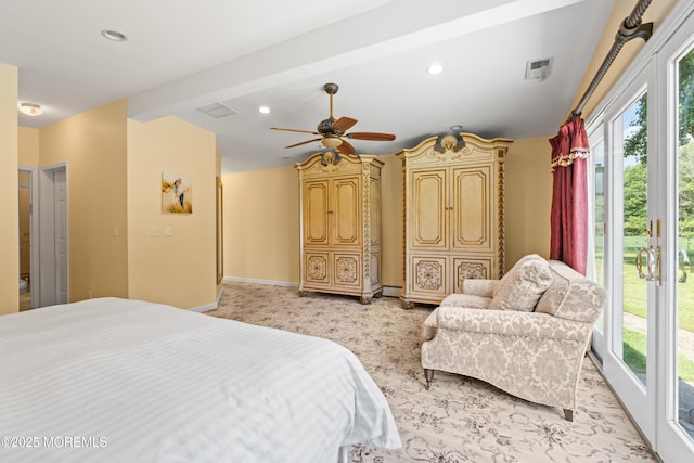 367 Kirby Ave, Long Branch, NJ 07740 - bedroom with access to exterior, multiple windows, recessed lighting, light colored carpet, and ceiling fan