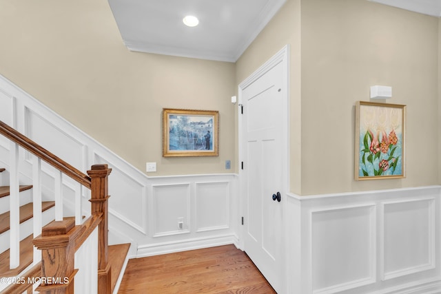 5-4 Main St, Oceanport, NJ 07757 - foyer entrance with a decorative wall, stairway, crown molding, a wainscoted wall, and wood finished floors