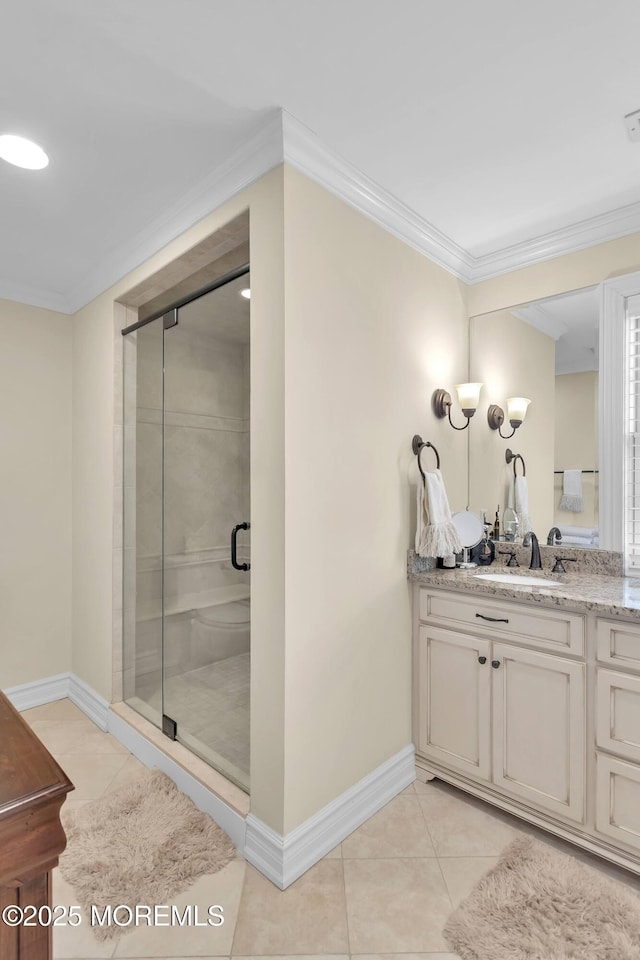 5-4 Main St, Oceanport, NJ 07757 - bathroom featuring vanity, ornamental molding, a stall shower, and tile patterned floors