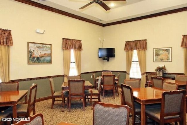 110 Rolling Meadows Blvd S, Ocean Twp, NJ 07712 - dining space with ceiling fan, a wainscoted wall, and ornamental molding