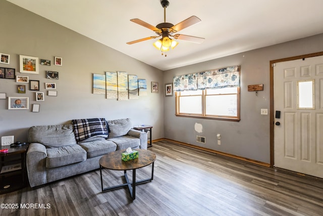 214 Conifer Dr, Forked River, NJ 08731 - living area featuring wood finished floors, a ceiling fan, and vaulted ceiling