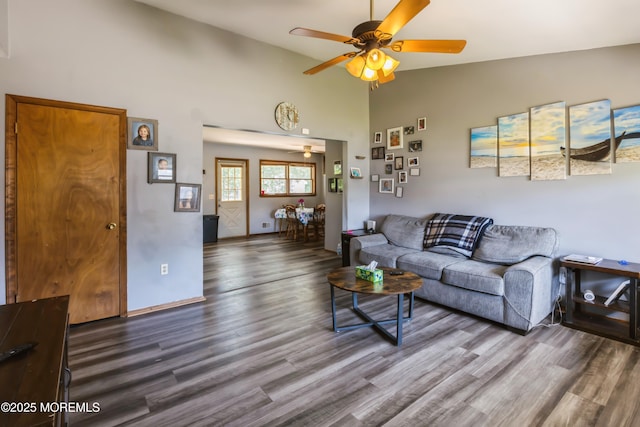 214 Conifer Dr, Forked River, NJ 08731 - living room featuring ceiling fan, high vaulted ceiling, and wood finished floors