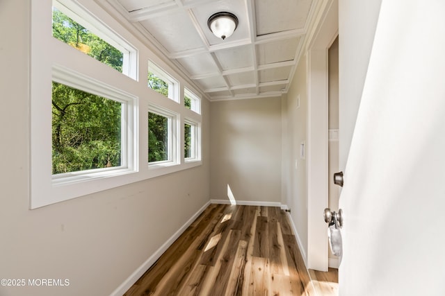 23 Bittner Rd, Millstone, NJ 08535 - hallway with wood finished floors, coffered ceiling, and beamed ceiling