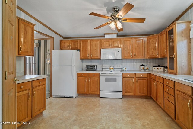 1104 Sycamore Ct, Whiting, NJ 08759 - kitchen with white appliances, light countertops, crown molding, brown cabinetry, and ceiling fan