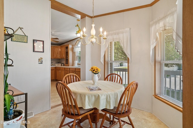 1104 Sycamore Ct, Whiting, NJ 08759 - dining area with crown molding, a chandelier, and wallpapered walls