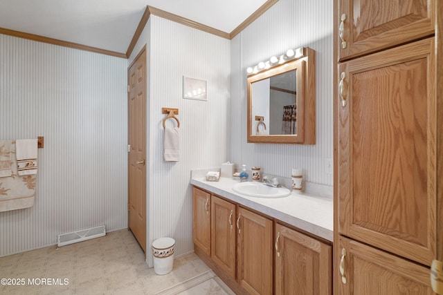 1104 Sycamore Ct, Whiting, NJ 08759 - bathroom featuring ornamental molding, vanity, tile patterned floors, and wallpapered walls
