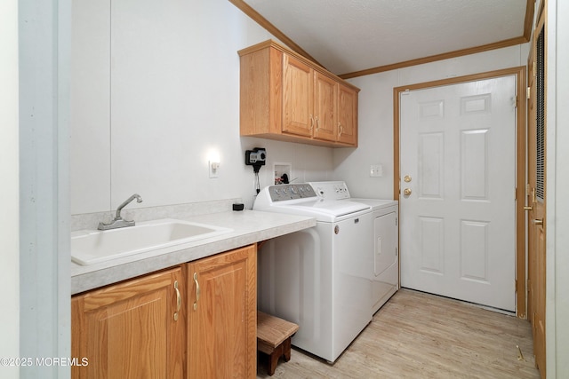 1104 Sycamore Ct, Whiting, NJ 08759 - washroom with cabinet space, washing machine and dryer, crown molding, and light wood-style floors
