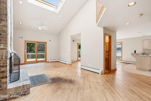 1120 Pennsylvania Ave, Manasquan, NJ 08736 - unfurnished living room featuring a baseboard radiator, a skylight, light wood-style flooring, high vaulted ceiling, and recessed lighting
