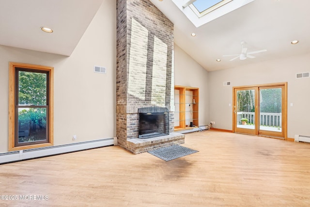 1120 Pennsylvania Ave, Manasquan, NJ 08736 - unfurnished living room featuring high vaulted ceiling, a skylight, a baseboard heating unit, wood finished floors, and ceiling fan