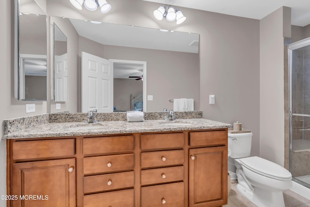 249 Chickadee Ct Unit 1000, Freehold, NJ 07728 - full bathroom with double vanity, a shower stall, a ceiling fan, and tile patterned floors