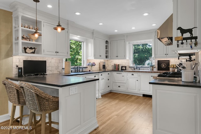 1 Van Cir, Rumson, NJ 07760 - kitchen with open shelves, dark countertops, wall chimney exhaust hood, backsplash, and recessed lighting