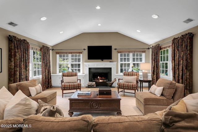 1 Van Cir, Rumson, NJ 07760 - living area with vaulted ceiling, a lit fireplace, recessed lighting, and light wood-style floors