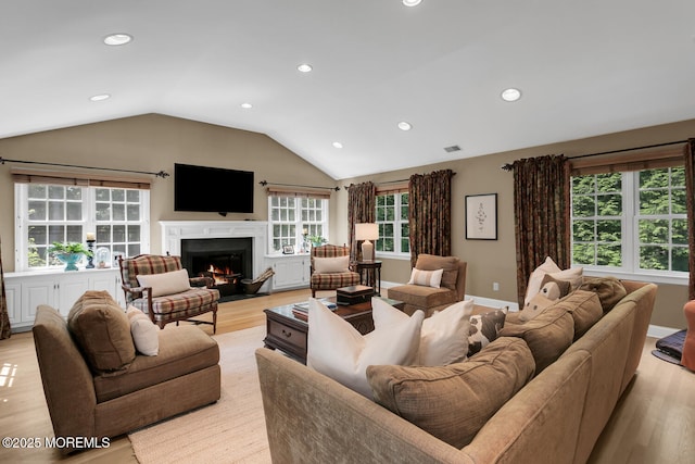 1 Van Cir, Rumson, NJ 07760 - living room featuring vaulted ceiling, a fireplace with flush hearth, light wood-style floors, and recessed lighting