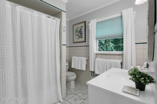 1 Van Cir, Rumson, NJ 07760 - full bath featuring vanity, tile walls, ornamental molding, marble finish floors, and radiator