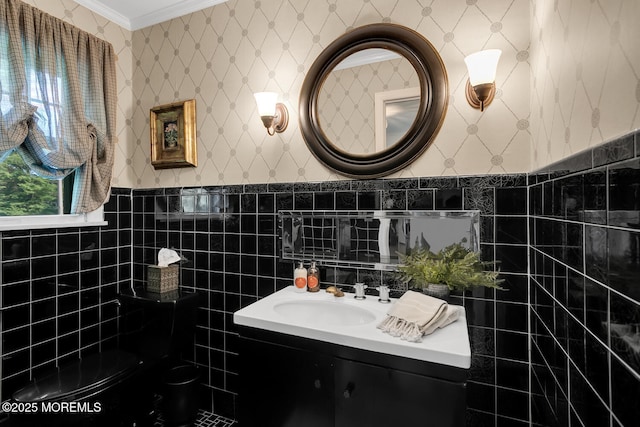 1 Van Cir, Rumson, NJ 07760 - bathroom with tile walls, wallpapered walls, ornamental molding, and vanity