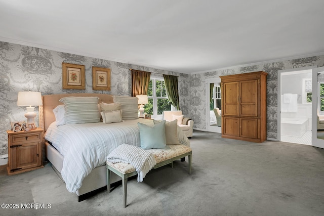 1 Van Cir, Rumson, NJ 07760 - bedroom featuring wallpapered walls, light colored carpet, crown molding, and connected bathroom
