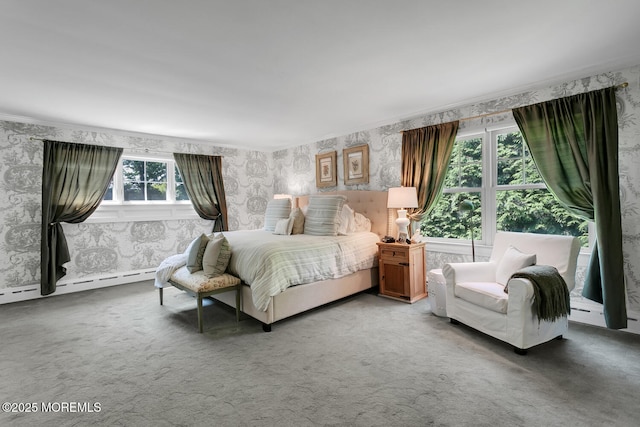 1 Van Cir, Rumson, NJ 07760 - carpeted bedroom with wallpapered walls and a baseboard heating unit