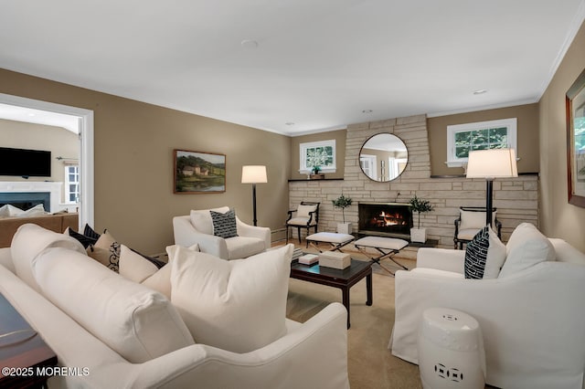 1 Van Cir, Rumson, NJ 07760 - living room with a fireplace, ornamental molding, light colored carpet, and healthy amount of natural light