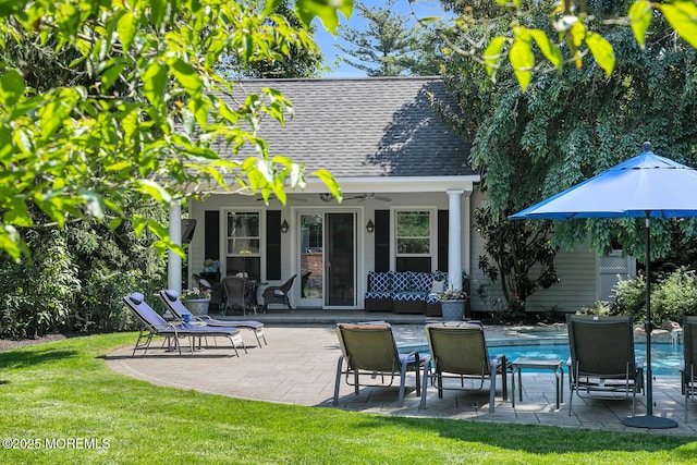 1 Van Cir, Rumson, NJ 07760 - rear view of house with roof with shingles, ceiling fan, a patio area, a lawn, and an outdoor pool